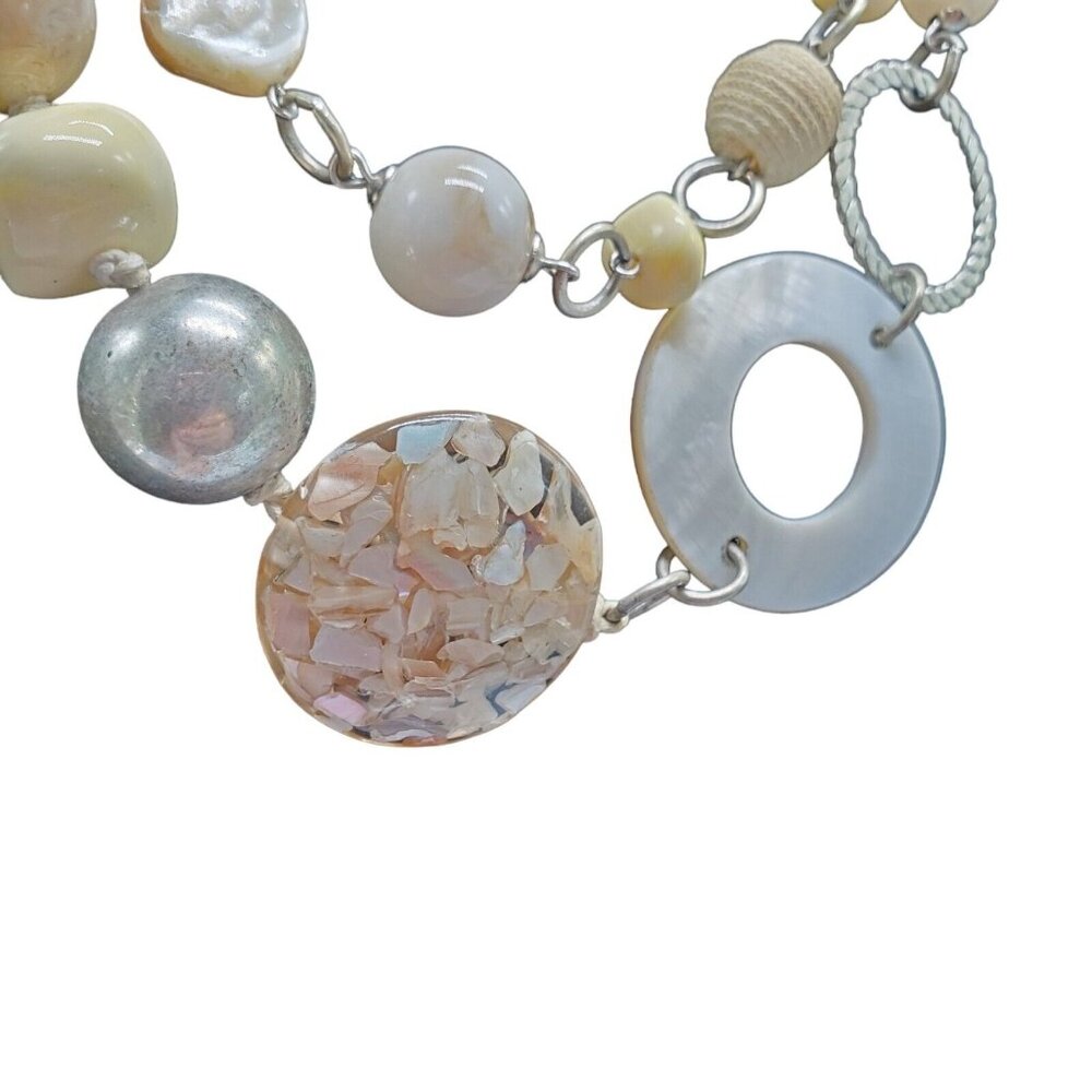 Signed NY Necklace Double Strand 20"+3" Silver Tone Pink Beige Bead Statement - Picture 2 of 5